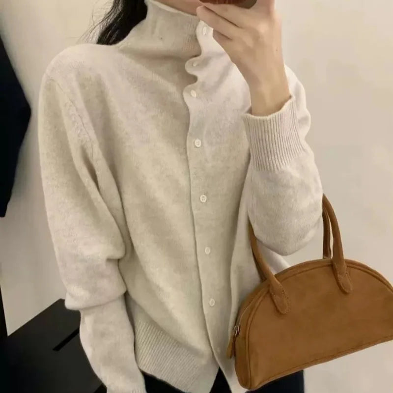 Women's 100% Wool Soft and Warm High-Neck Pullover Sweater, 2025 Autumn/Winter Knitted Cardigan Top