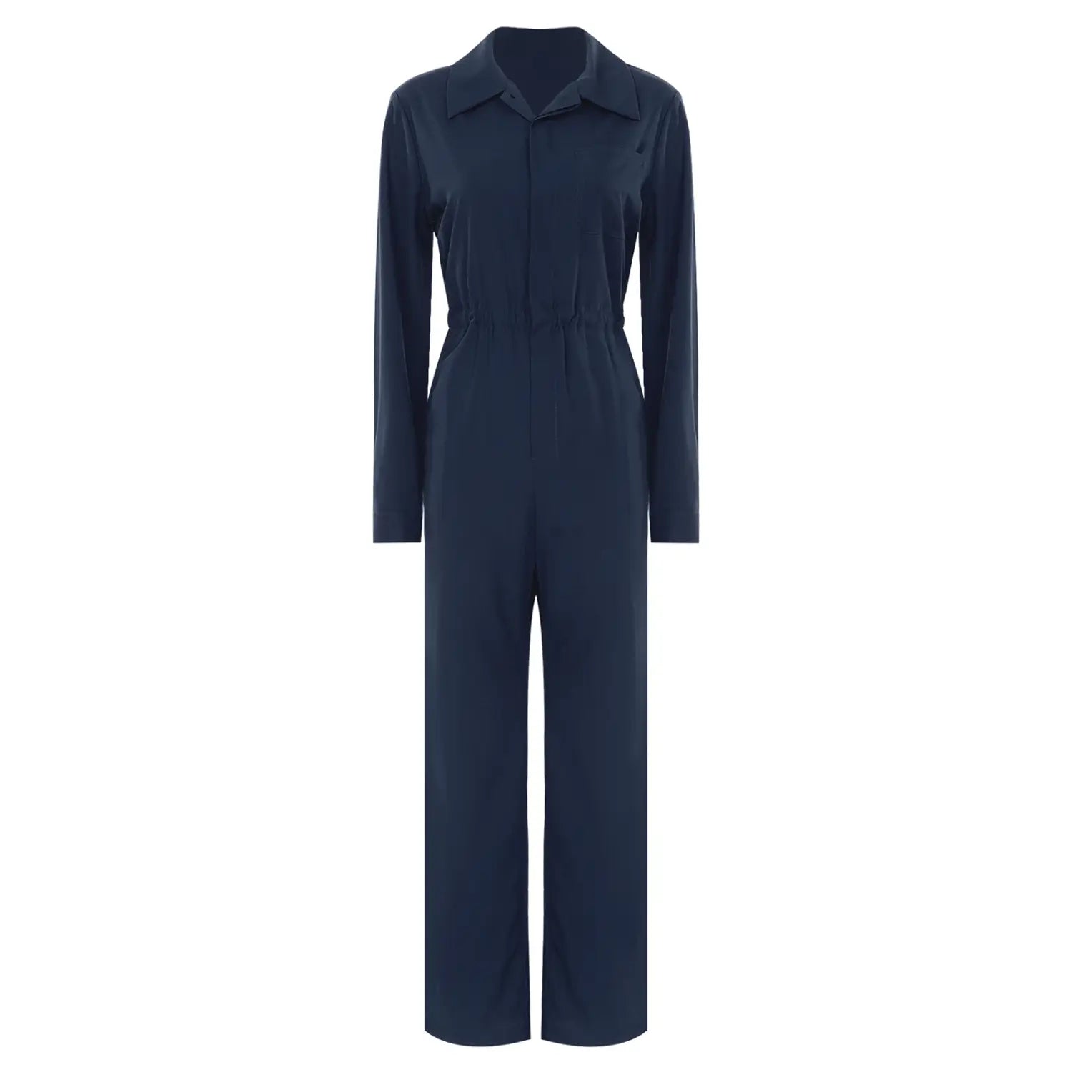 A royal blue long sleeve casual jumpsuit with a collar and drawstring waist in navy blue fabric.