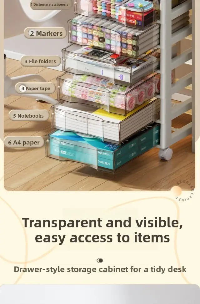 Clear plastic drawer style storage cabinet with white wheels and metal frame serving as a versatile storage solution and office desktop organizer plastic storage tower with clear drawers.