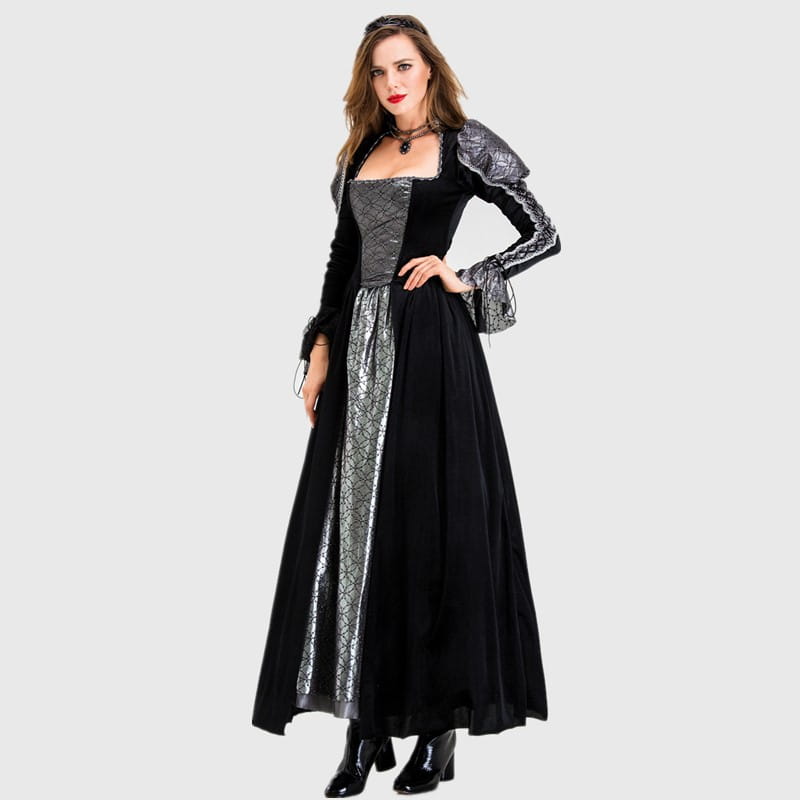 Black and silver gothic vampire queen costume black velvet gown with long sleeves square neckline and intricate metallic embroidery along the front panel