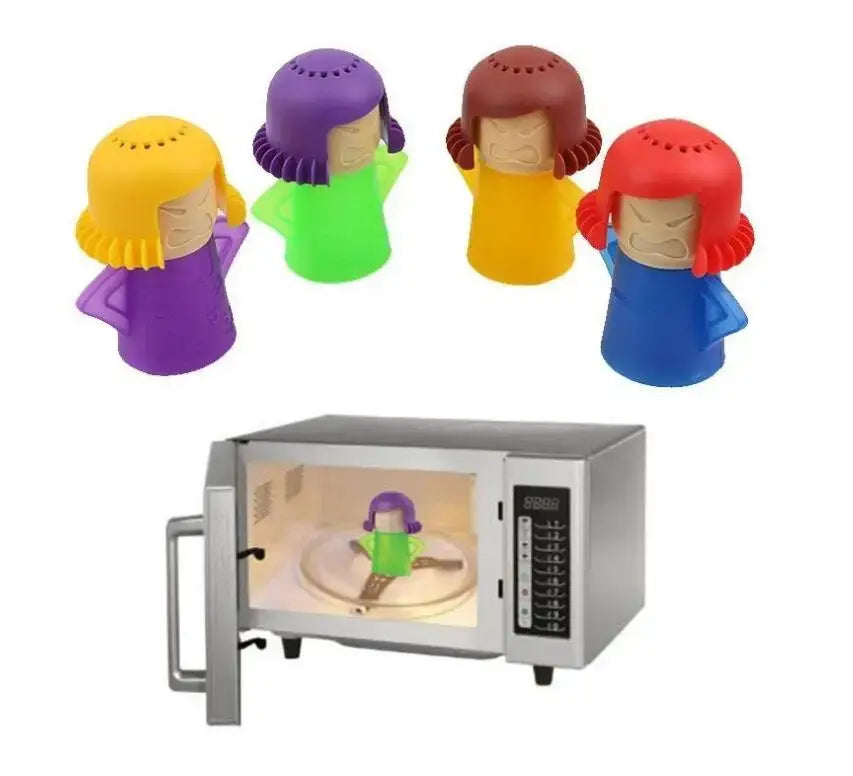 L’image présente des infuseurs de thé en silicone colorés, au style dessin animé, en forme de femmes avec des coiffures et des expressions distinctes, pour le produit nettoyant à la vapeur pour micro-ondes destiné à la femme en colère.