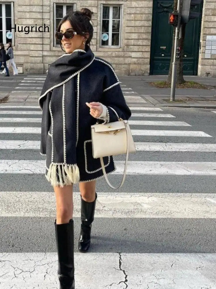 Fall Winter Loose Short Outerwear For Women Oversized Wool Blend Coat Lapel Collar Stitched Trim Side Pockets Single Button