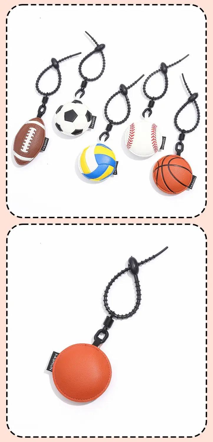 Leather sports ball keychain set featuring miniature football soccer baseball volleyball and basketball charms with a round orange leather pouch bag charm.