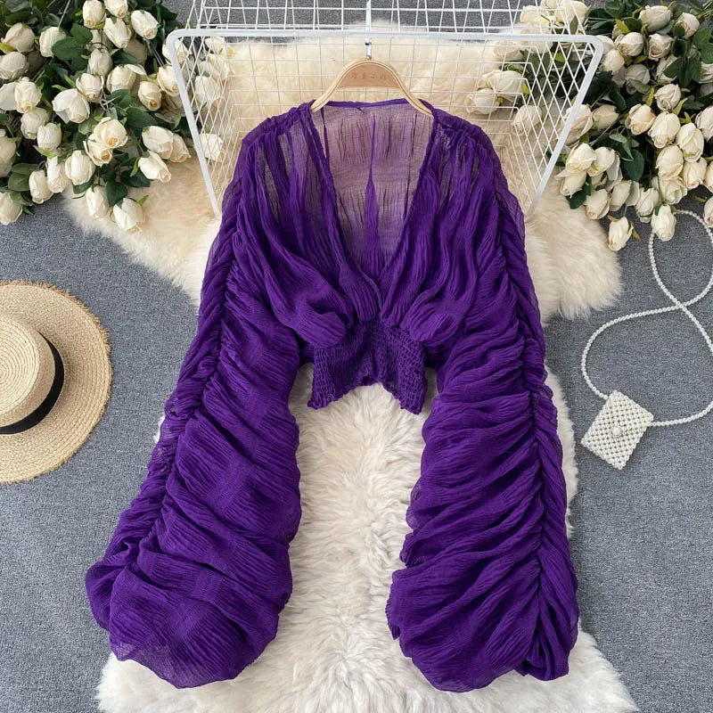 Fashion Blouse for Women V-neck Lantern Sleeve Shirts Blusas Mujer De Moda Korean Chic Elegant Pleated Solid Tops
