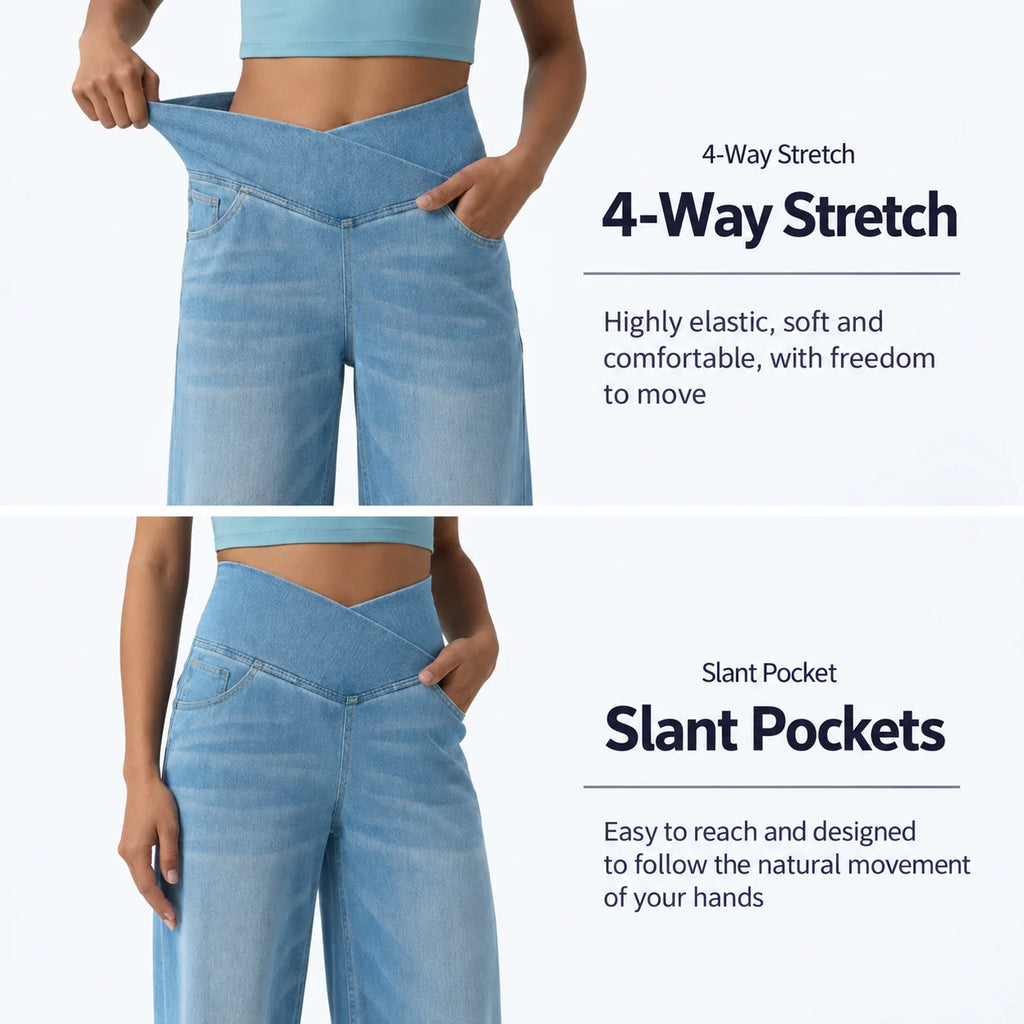Fashion Women Cross V High Waist Washed Denim Wide Leg Pants Elastic Soft Jeans Casual Daily Loose Full Length Stretch Trousers