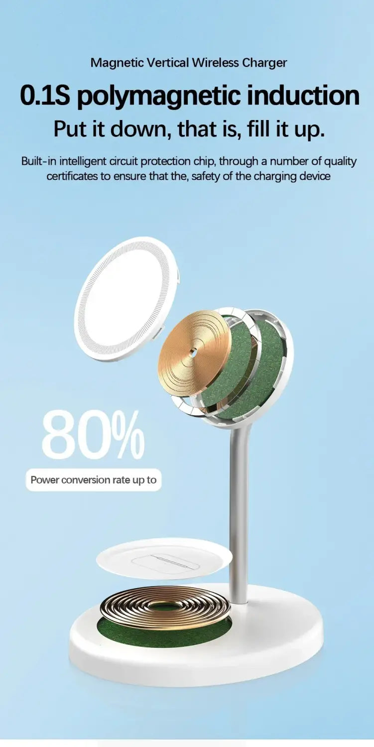 Soporte blanco de carga inalámbrica magnética para iPhone y AirPods con un diseño minimalista y elegante, que incorpora bobinas concéntricas circulares y una base robusta para la carga inalámbrica.