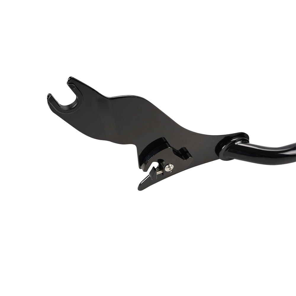 black metal motorcycle handlebar clamp with a sleek curved design and central screw fastener for detachable passenger backrest compatible with Harley touring 2009-2025 shown from the back side