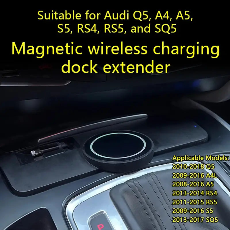 Extensor de base de carga inalámbrica magnética circular negra con un anillo blanco luminoso para el Audi Q5 y modelos compatibles en el producto de cargador inalámbrico magnético Audi Q5 A4l.
