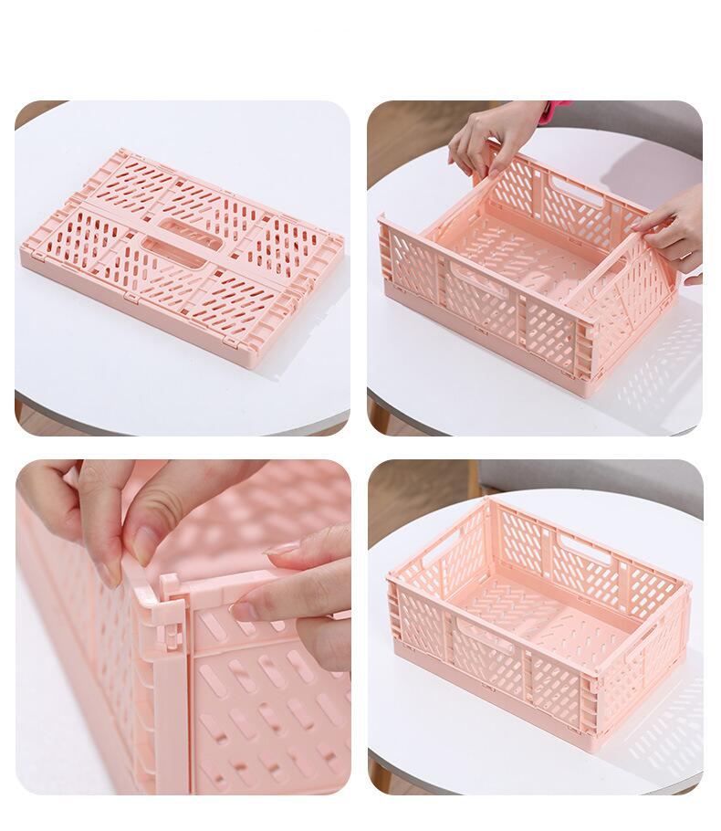 Pink plastic foldable storage basket with lattice design and integrated handles ideal for versatile foldable storage solutions.