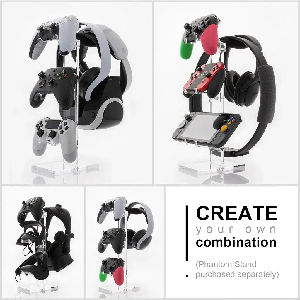 Rack transparente de acrílico tipo fantasma que sostiene varios controladores de colores y auriculares para un almacenamiento organizado de accesorios de juego.