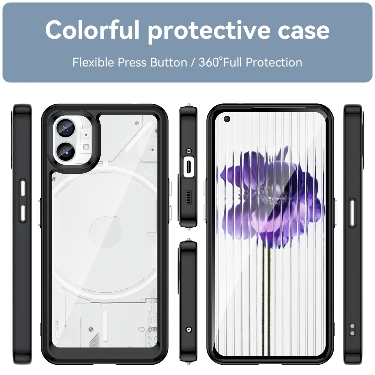 arrière d’une coque transparente rose pour Nothing Phone 1 avec cadre noir et motif floral violet, intégrant une technologie de boutons-poussoirs flexibles pour une protection intégrale à 360 degrés.