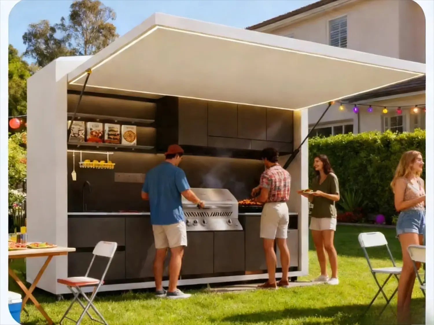 Modern stainless steel gas grill with sleek built-in design and integrated lighting in a modular kitchen outdoor cabinet set ideal for enhanced customer service and outdoor cabinet organization.