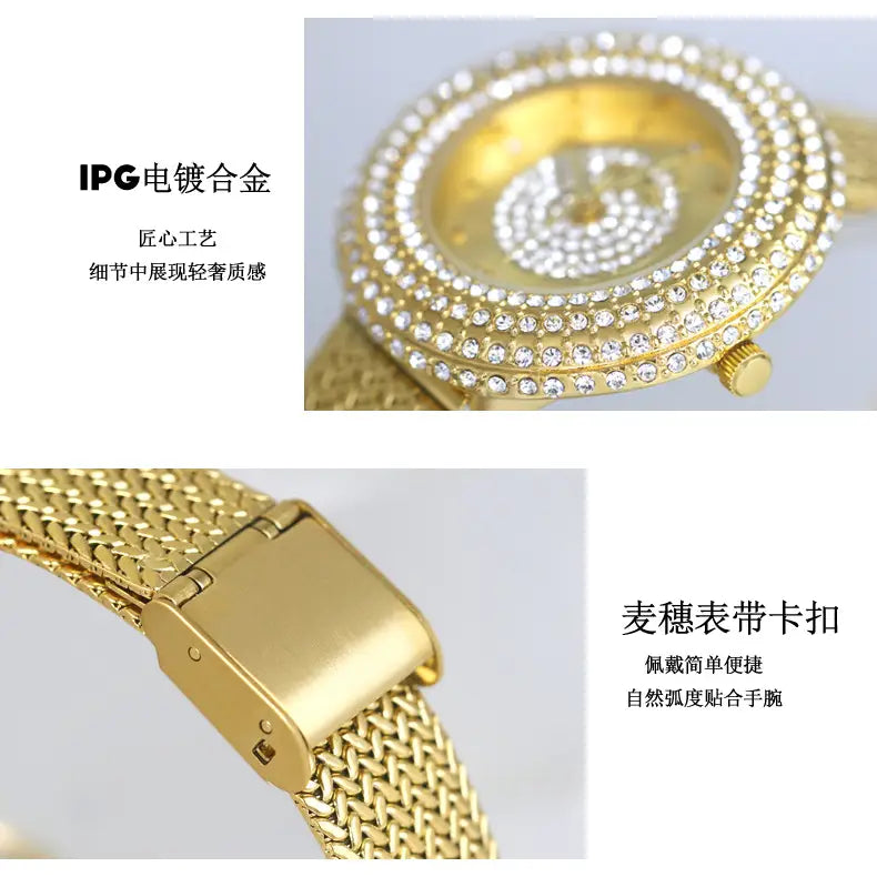 Gold-toned gold diamond mesh women watch luxury waterproof features a sparkling diamond-encrusted face and an elegant interwoven mesh bracelet design.