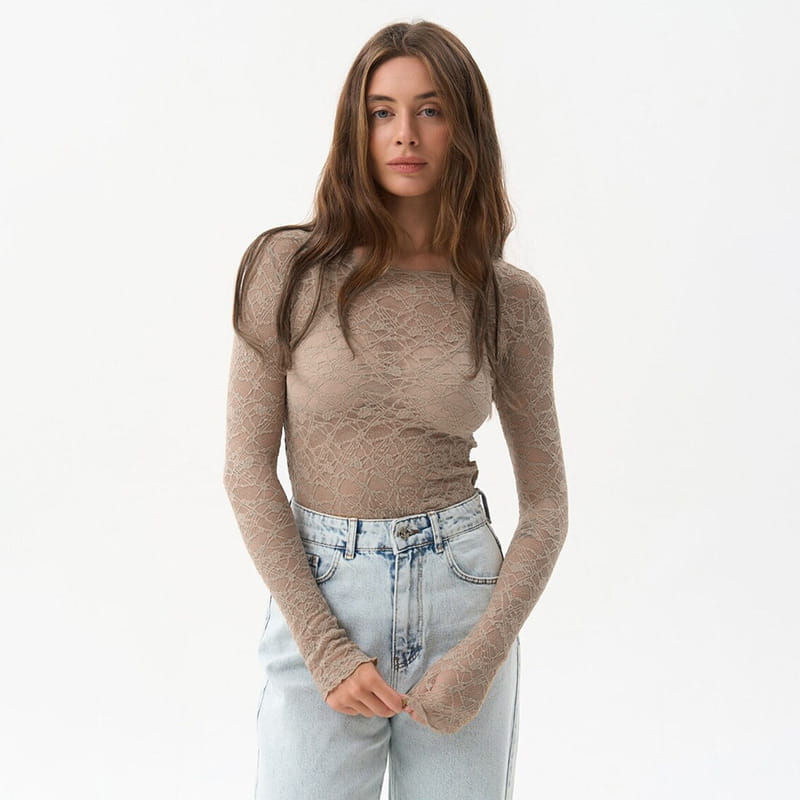 beige lace long sleeve crop top for women aesthetic clothes featuring a fitted sheer design in brown lace material