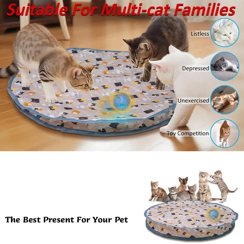 alfombrilla redonda plegable e interactiva para juguetes de gato con un patrón de caricatura de gato juguetón y una bola rodante central azul, diseñada como juguetes de gato interactivos fabricados en China continental.