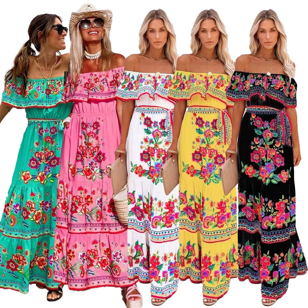 Beach Holiday Party Traditional Ethnic Wear Off Shoulder Floral Print Women Mexican Dress