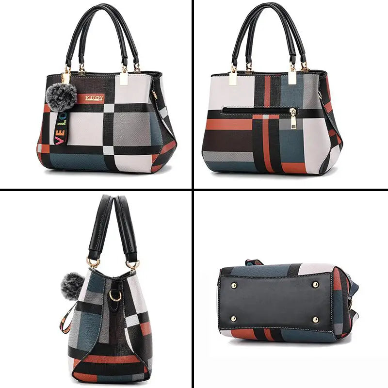 a stylish black crossbody handbag pu leather satchel style1 style2 featuring a patchwork design with black white gray and orange stripes, black leather handles, and a fluffy pom-pom charm.
