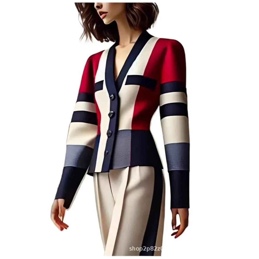 Women's Elegant Color Block V-Neck Blazer High Waist Wide Leg Pants 2 Piece Autumn Outfit Luxury Striped Formal Suit Office Suit