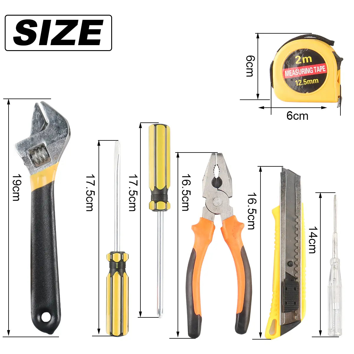 Cinta métrica de 2 m color amarillo y negro de la colección de herramientas manuales domésticas Wozobuy con estuche de almacenamiento, mostrada sobre un fondo blanco.