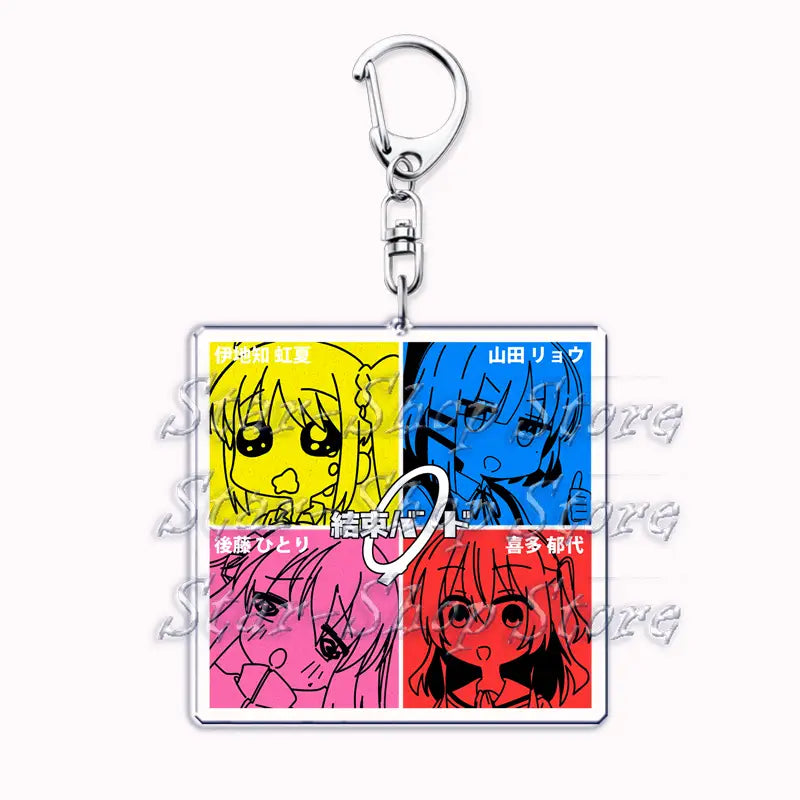 Square acrylic keychain featuring four anime characters in bold yellow blue pink and red panels with a silver metal clip for anime character acrylic keychain bocchi the rock.