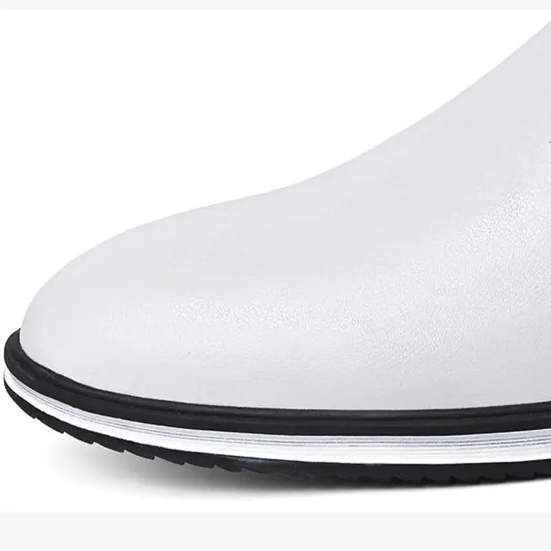 White leather men slip on driving shoe with black and silver sole casual loafer