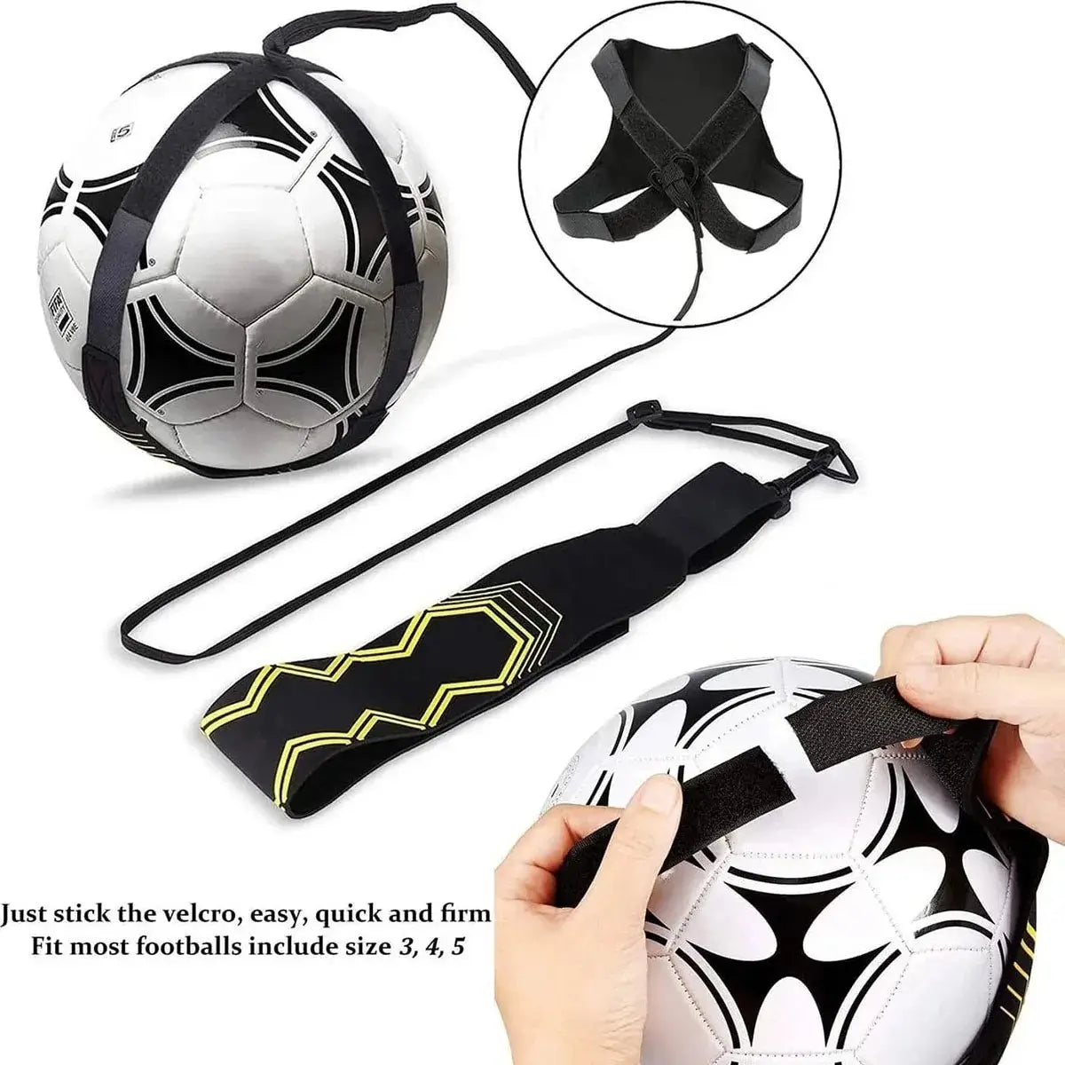 Black and white soccer kick trainer featuring a black strap system for solo practice training equipment
