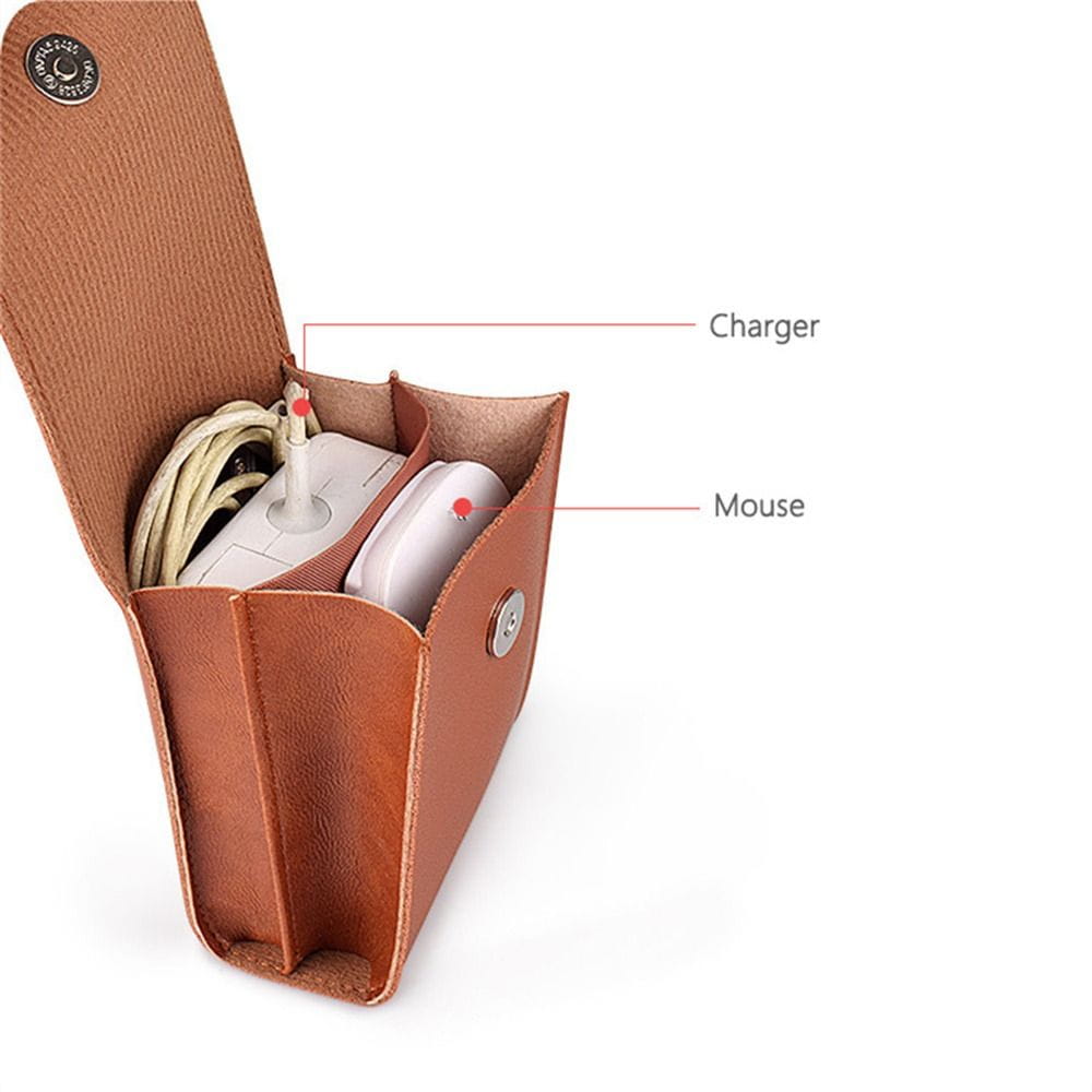 Brown leather tech pouch with silver snap button closure for portable cable organization made of pu leather.