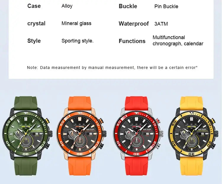 Megir men chronograph quartz sport watches with mineral glass faces, alloy cases, and vibrant silicone straps in green, orange, red, and yellow.