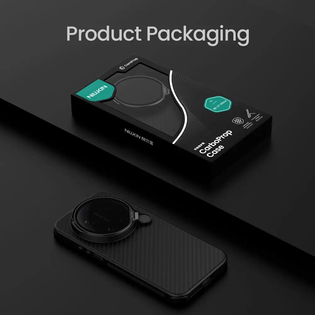 Black nillkin carboprop phone case with a carbon fiber texture and an integrated circular magnetic ring shown from the back side designed for Xiaomi 17 Ultra leica edition.