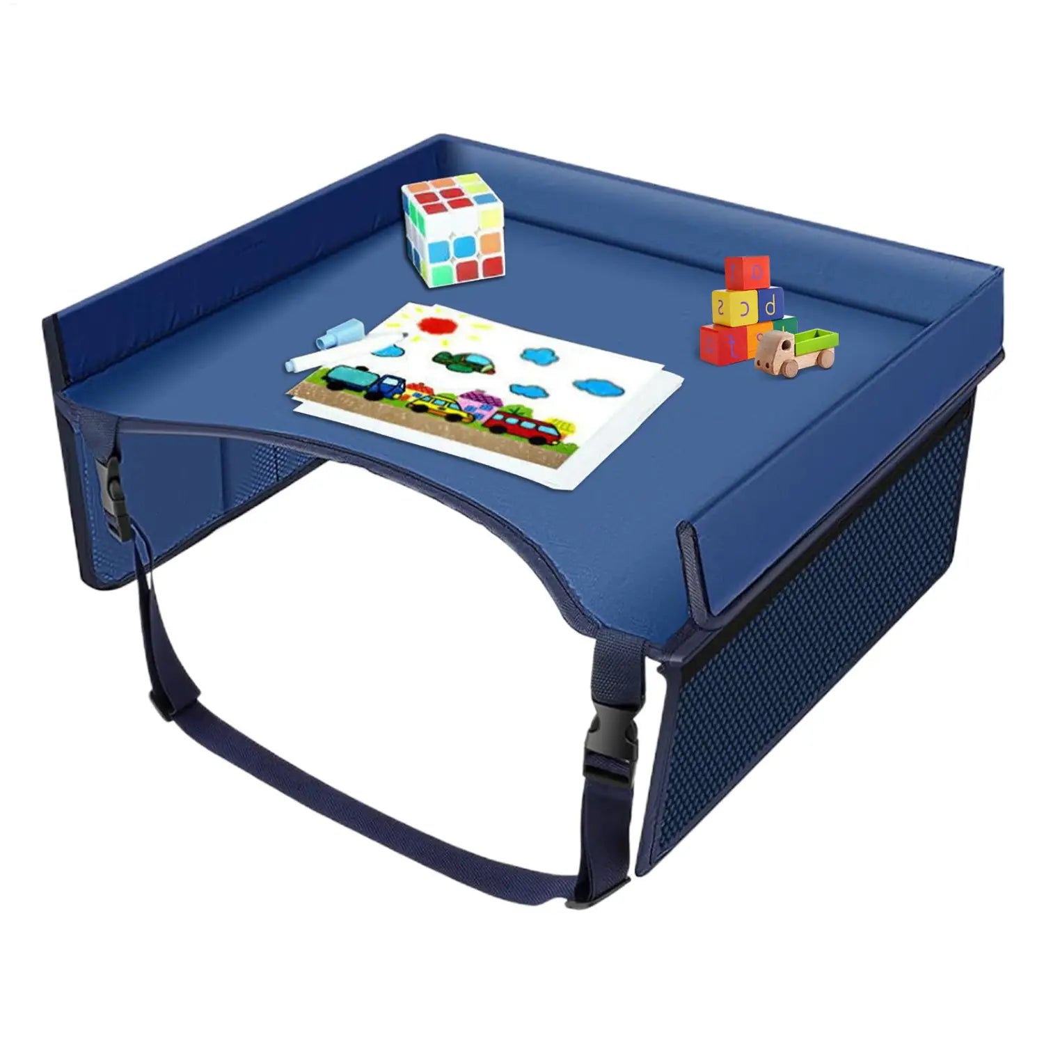 blau gepolstertes Kinder-Autositz-Reisetablett-Lapdesk-Organizer mit Netzseiten und verstellbaren Gurten zur sicheren Befestigung