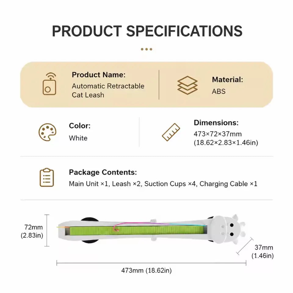 white abs automatic retractable cat leash with a green and purple striped collar featured in the automatic interactive cat toy wall mounted giraffe for engaging play.