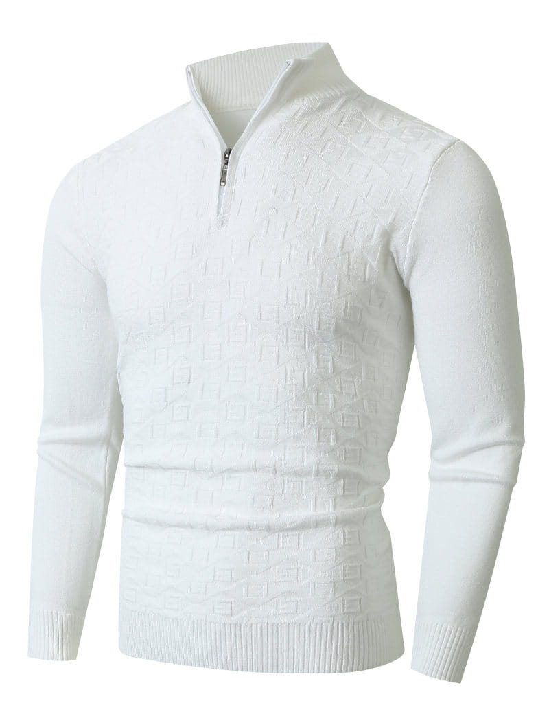 Plus size mens half zip cable knit sweater in white textured knit with a subtle geometric pattern.