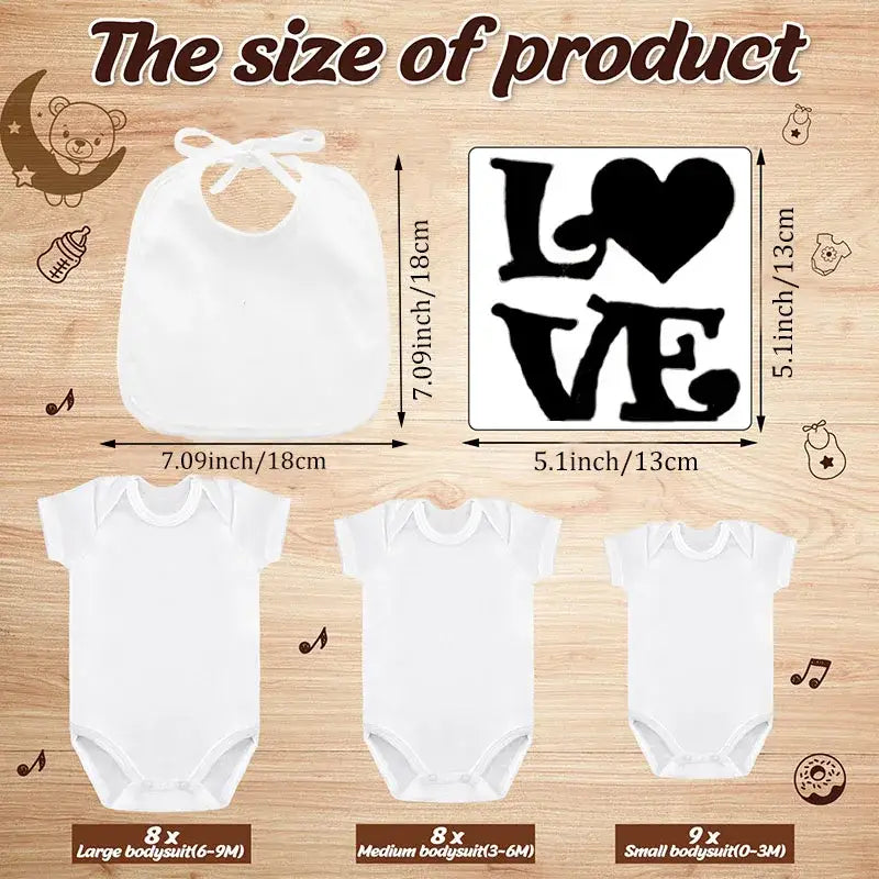 white baby onesies in three sizes with short sleeves and leg openings featured in a diy baby shower bib and bodysuit decorating kit