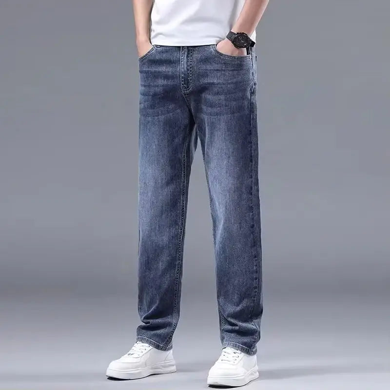 Men fleece lined winter jeans in dark-wash denim with a loose straight-leg cut and classic stitching for cold weather comfort.