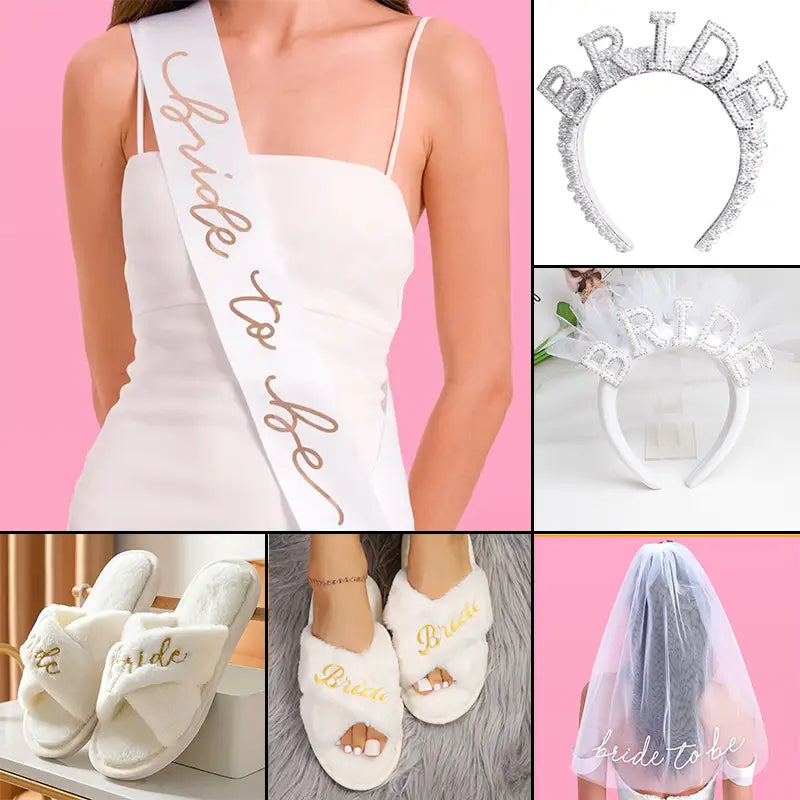 金の筆記体「Bride to be（花嫁になる方）」の文字が施されたホワイトサテンのサッシュ（花嫁になる方用）と、ベールおよびヘッドバンドを備えた「花嫁になる方」パーティーセット。