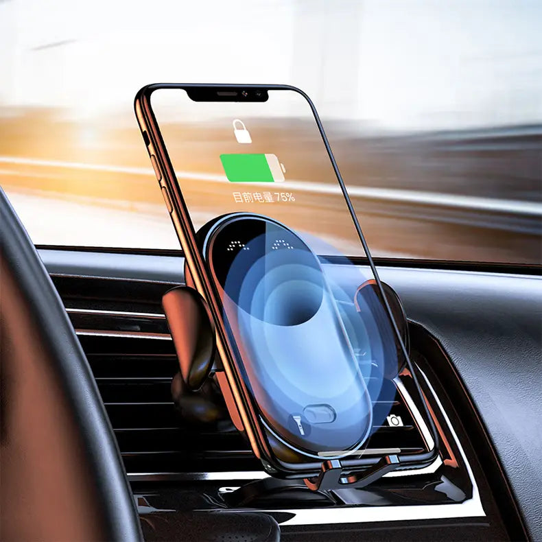 A sleek black magnetic car wireless charger with a glossy finish and adjustable clamping mechanism for fast charging and secure phone mounting.