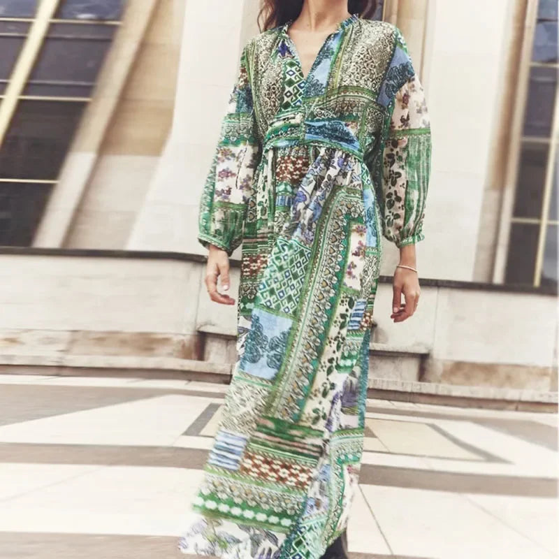 Green Floral Printed Blouses Shirts For Women Tops Long Sleeve V Neck Spring Autumn Loose Blouse Boho Chiffon Ethnic Blusas