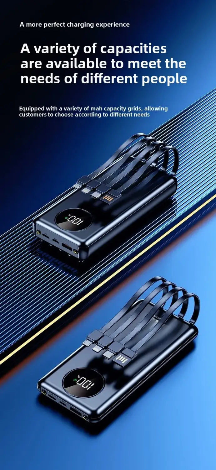 Black rectangular power bank 20000mah with multiple usb ports 5v2a and a digital display showing 100 percent fast charging capacity