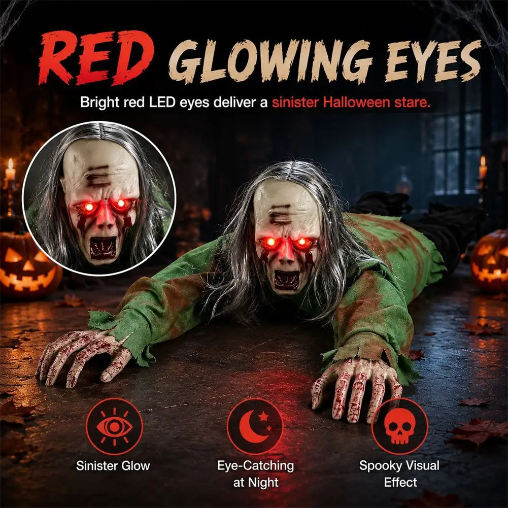 animiertes kriechendes Zombie-Halloween-Prop mit Sound und Lichtern, mit leuchtenden roten LED-Augen, grau-weißem Gesichtsschminkbild, langem grauem Haar und einem zerrissenen grünen Outfit.