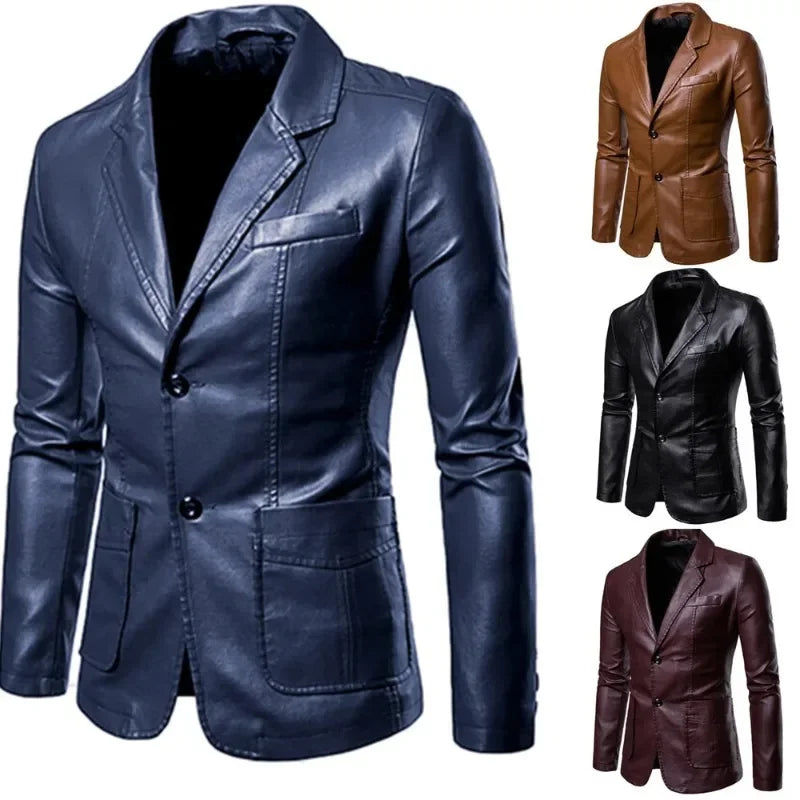 2025 Leather Blazer Man  Spring Autumn Fashion Men's Leather Jacket Dress Suit Coat Male Business Casual Pu Black Blazers Jacket