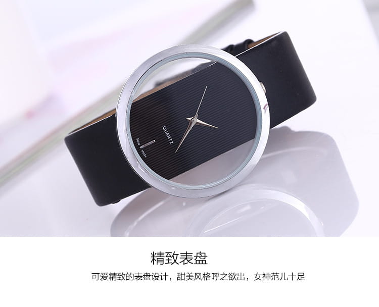 Women luxury leather quartz watch with a black leather strap and minimalist silver-toned case and dial featuring slim hands and subtle text markings.