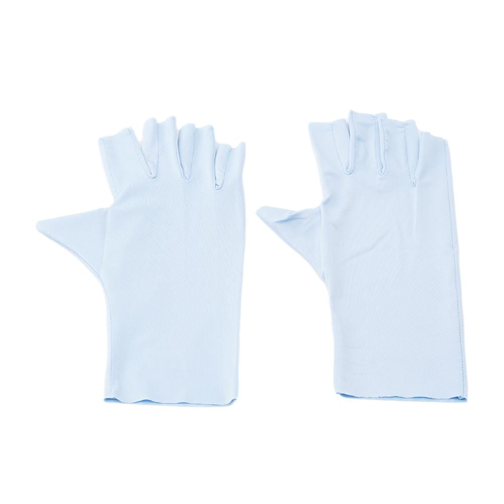a pair of light blue uv protection fingerless sunscreen driving gloves made from smooth stretchy fabric shown from the back side