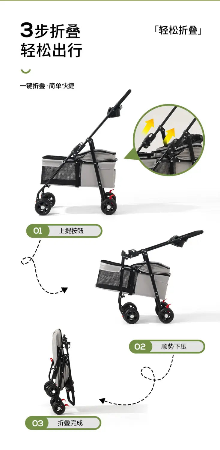 Carrito plegable para mascotas de color negro y gris para perros y gatos pequeños, con panel lateral de malla, mostrado desde el lado posterior.