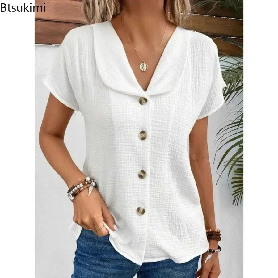 2026 Women's Summer Solid Short Sleeve Blouses Fashion V-neck Loose Casual Button Cardigan Tops Elegant Clothing Women Shirts
