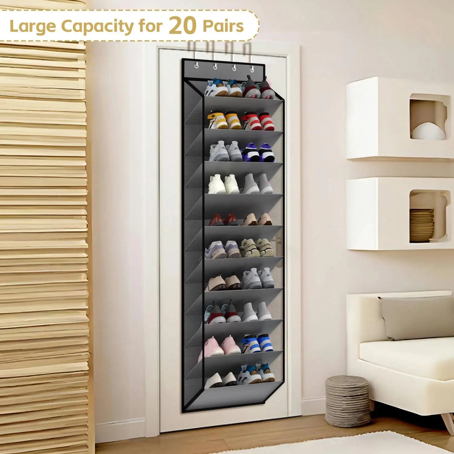 Organisateur de chaussures à mailles noires au-dessus de la porte, avec dix niveaux, conçu comme organisateur de chaussures au-dessus de la porte pour un rangement des chaussures permettant de gagner de la place