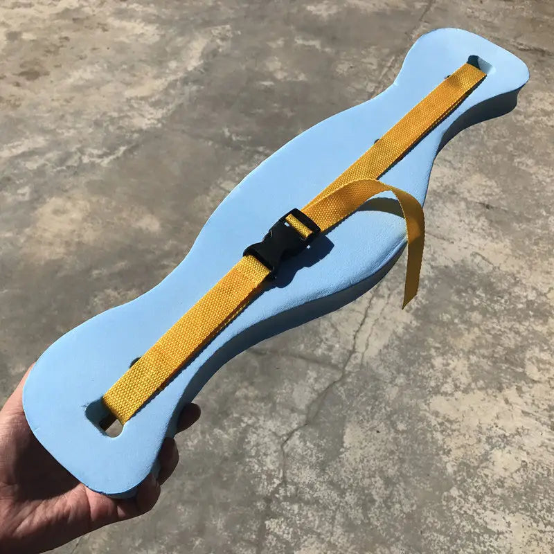 light blue foam swim buoyancy belt with a yellow adjustable strap and black buckle for swim training flotation.