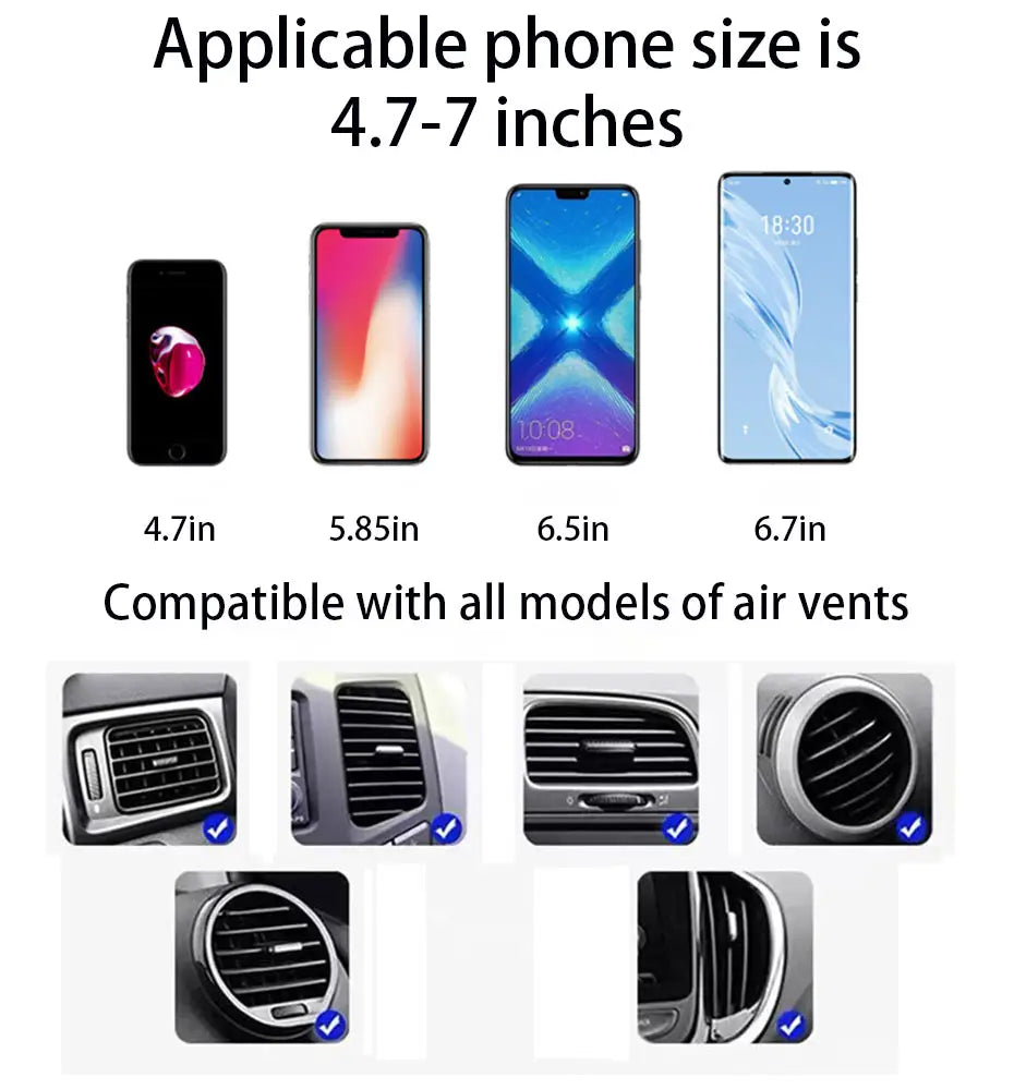 Smartphone-Halterung für die Autolüftung von Seametal aus elegantem schwarzem Kunststoff, kompatibel mit Telefonen von 4,7 bis 7 Zoll, ausgelegt für alle gängigen Fahrzeuglüftungen.
