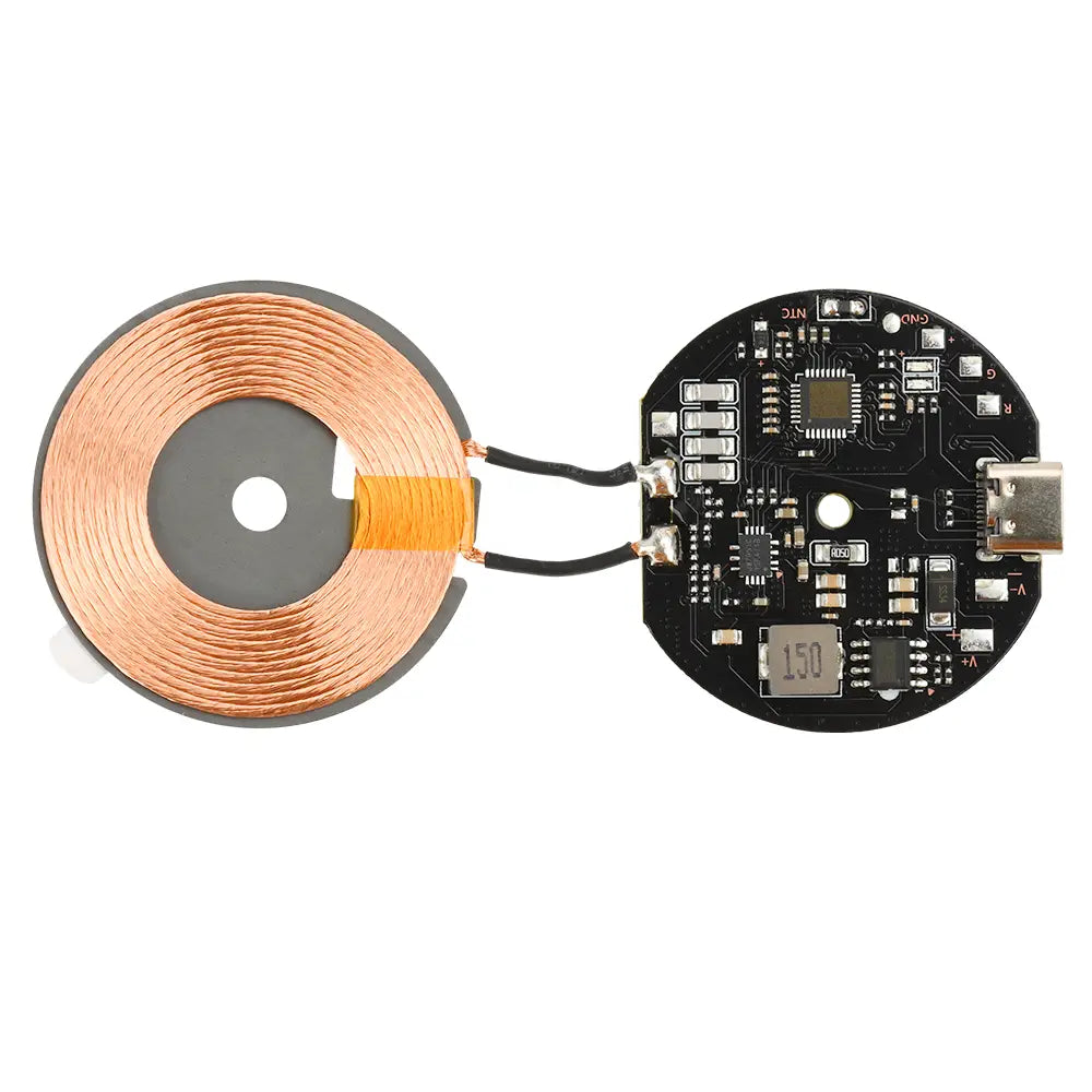 Wireless charging module 20w car pcba showing the back side with a black circuit board, copper coil, usb port, and automatic recognition feature.
