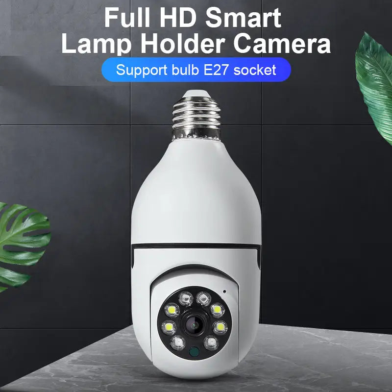 weiße birnenförmige Smart-HD-Sicherheitskamera mit E27-Sockel und kreisförmigem LED-Licht-Array, ausgelegt für 1080p-WLAN-Überwachung.
