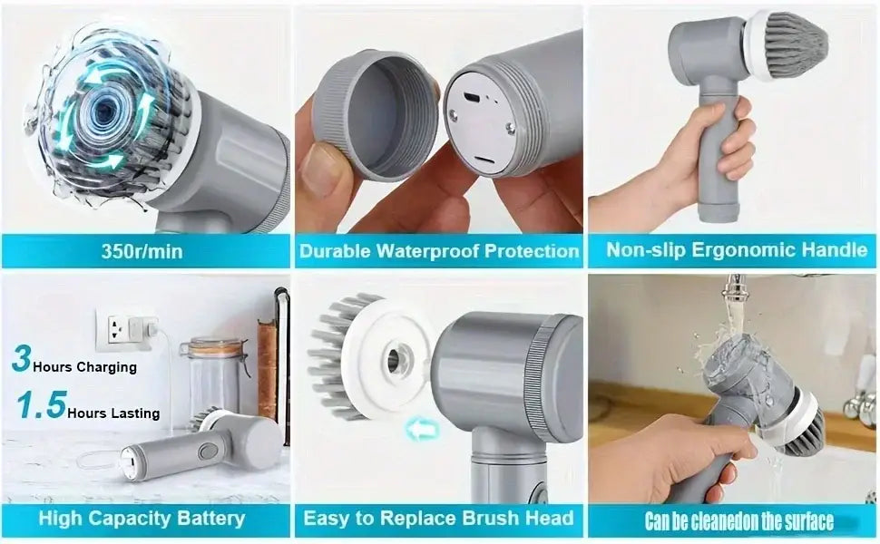 Gray cordless electric spin scrubber with a rotating brush head and ergonomic handle shown from a front angle